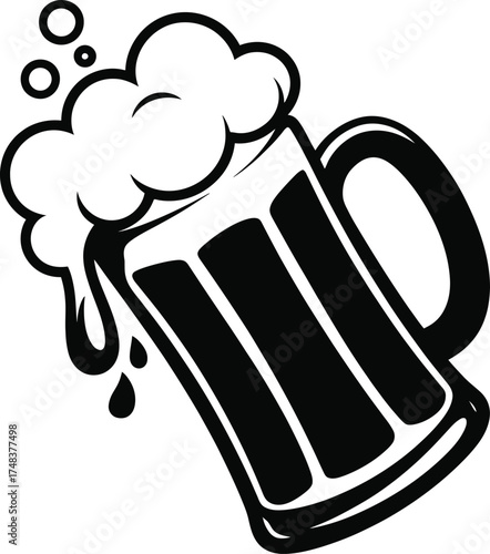 Black and white beer mug with foam a striking silhouette on transparent background