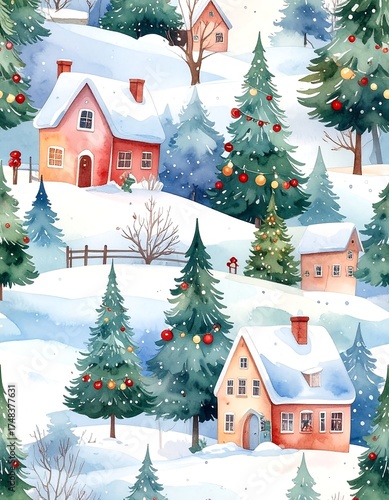 Watercolor winter village scene, houses nestled in snowy hills. Festive Christmas trees with ornaments, and a snowy landscape