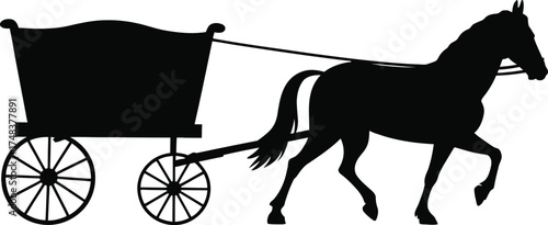 Black horse pulling a carriage detailed vector illustration on transparent background silhouette