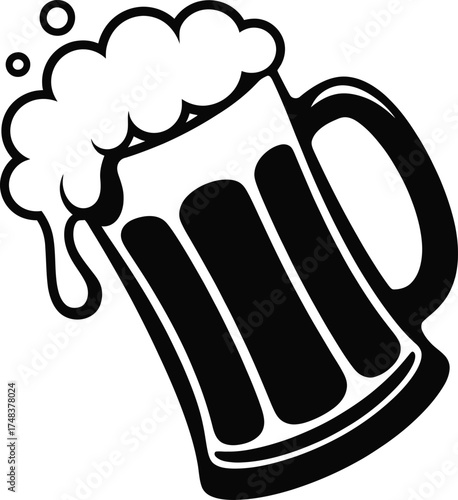 Black beer mug with overflowing foam a striking silhouette on transparent background