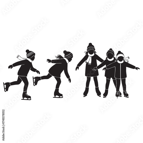 Children Ice Skating in Winter Clothes Vector Silhouette Set