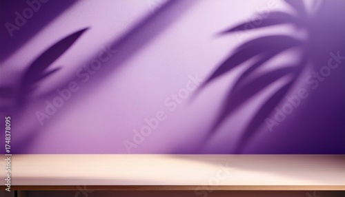 Empty Table On Pastel Violet Smooth Wall Background With Leaf Shadows Foliage On The Wall Mock Up For Presentation Branding Products Cosmetics Food Or Jewellery