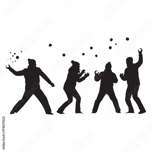 Group of Friends Having a Snowball Fight Silhouette Vector