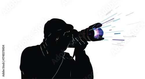 Silhouette of a photographer capturing vibrant light streaks with a professional camera