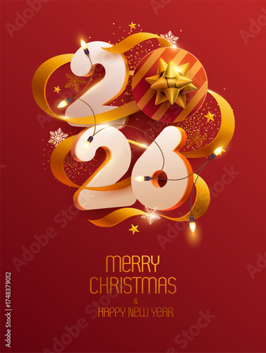 Merry Christmas and Happy New Years 2026. Greeting card design with 3D numeral, ribbon, gift boxes and christmas decoration. Holiday poster design.