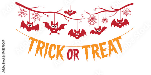 Spooky halloween decorations with bats and trick or treat banner
