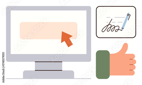 Computer screen with a cursor, signature with pen, and thumbs-up gesture. Ideal for themes thumbs up e-signature, business agreement, approval, digital workflow, online interaction, contract signing