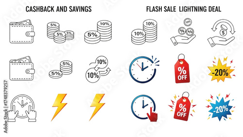Cashback, Savings, and Flash Sale Icons – Minimalist Wallets, Coins, Money Stacks, Lightning Deals, Clocks, and Discount Tags in Vector Line Art