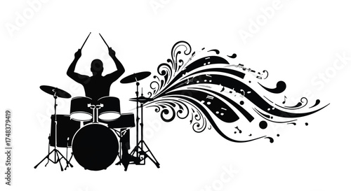 Energetic drummer performing with stylized musical notes and abstract swirls bursting from the kit