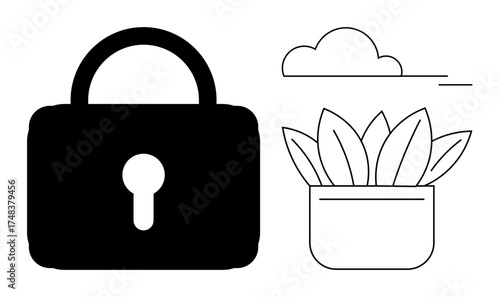 Padlock symbolizing security beside a potted plant and cloud for nature, growth, and harmony. Ideal for cybersecurity, environmental safety, balance, eco awareness, protection, privacy and lifestyle