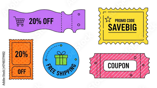 Colorful Coupon and Promo Code Icons – Stylized Tear-Off Vouchers, Discount Stubs, and E-Commerce Line Art Illustrations