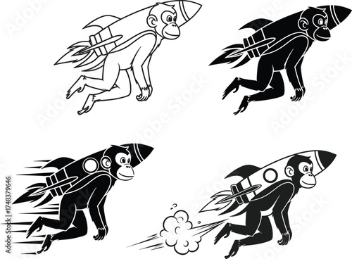 Cartoon monkeys flying with rockets, four dynamic styles including silhouette, speed lines, smoke trail, educational character set, creative motion illustration