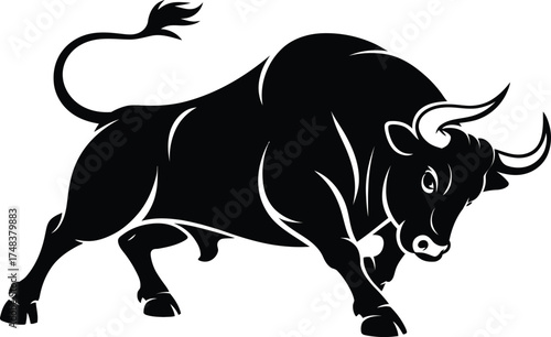 Powerful black bull charging forward detailed illustration on transparent background silhouette