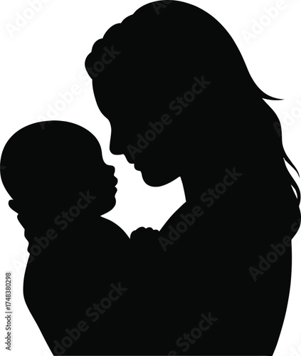 Loving mother holding baby in a silhouette on transparent background