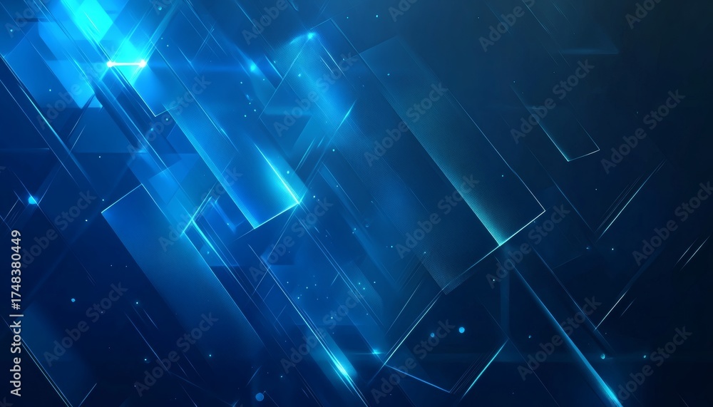 Fototapeta premium The illustration features overlapping rectangular and triangular shapes in varying shades of blue, with bright glowing lines and highlights giving a sense of depth and movement.