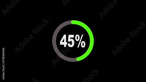 Animated circular progress bar showing 50% completion with glowing green fill and white digits on black background 4K loop. Loading. Percentage. Interface. 