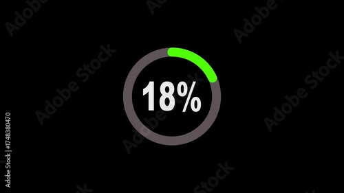 Animated circular progress bar showing 20% completion with glowing green fill and white digits on black background 4K loop. Loading. Percentage. Interface. 