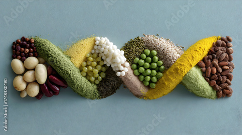 Colorful food helix, personalized nutrition science, legumes grains seeds nuts peas herbs spirulina