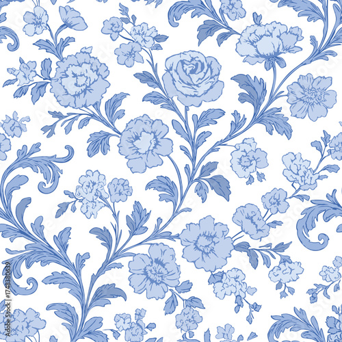 Toile de jouy vector seamless vintage pattern blue color palette