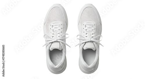 A top down view of two identical white sneakers with white laces against a black background plain style on transparent background