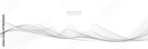 Abstract flowing grey wave lines background with text for website design.