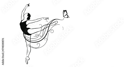 Graceful ballerina in elegant pose with flowing skirt and delicate butterfly