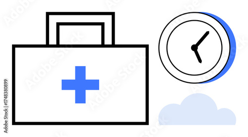 Medical kit with a cross alongside a clock and a cloud, symbolizing healthcare, emergency response, time management, prevention, healthcare planning, rapid action, simple flat metaphor