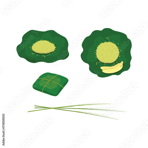 Vector of Vietnamese “Cốm” – green rice flakes from young sticky rice, wrapped in lotus leaves. A Hanoi autumn delicacy symbolizing harvest season and Vietnamese culture	
