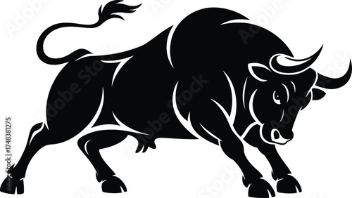Powerful black bull illustration with detailed features on transparent background silhouette