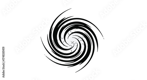 Dynamic black spiral vortex against a clean white background, suggesting energy and motion.