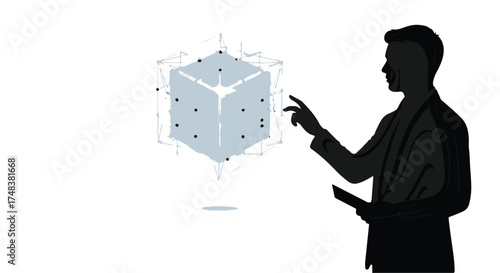 Man interacts with holographic cube, exploring futuristic technology and data visualization