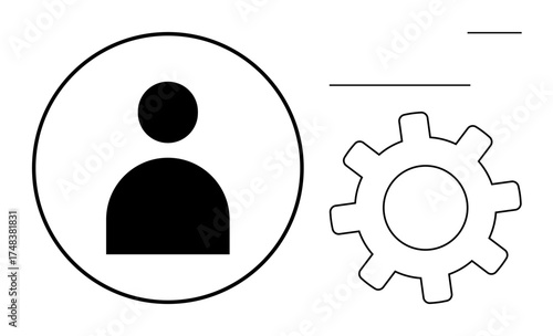 Simplified user icon in a circle next to a gear symbol. Represents user profiles, account settings, preferences, customization, system configuration, user interface design, digital tools. Flat simple
