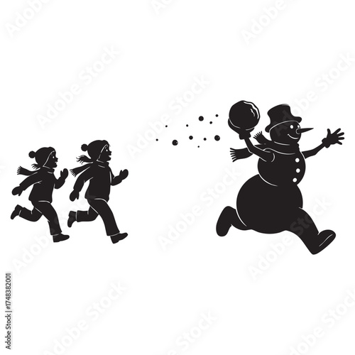 Funny Snowman Throwing Snowball at Running Children Silhouette Vector