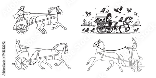 Man driving horse drawn cart with birds flying around vector