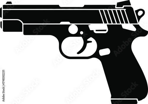 Black handgun illustration featuring a detailed design on transparent background silhouette