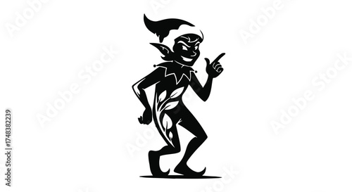 Mischievous elf pointing with a playful grin, dressed in festive attire.