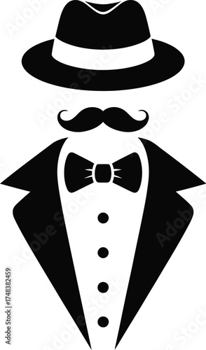 Elegant man with hat mustache and bow tie silhouette on transparent background