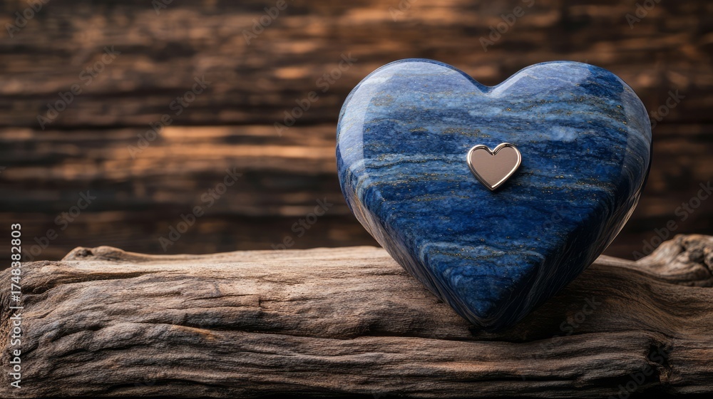 Fototapeta premium Blue Heart-Shaped Stone on Wooden Surface with Shiny Small Heart Decoration for Home Decor