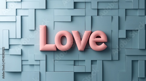 Stylish Pink Love Text on a Textured Blue Wall Surface with Geometric Shapes Design