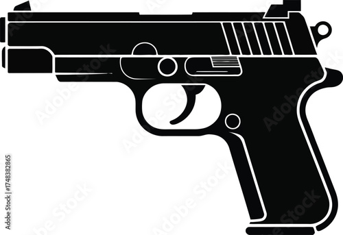Detailed black handgun graphic design element on transparent background silhouette