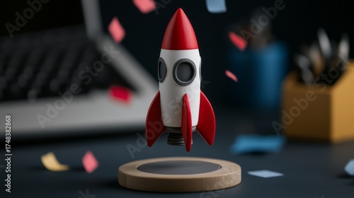 Stylish Retro Rocket Model with Colorful Paper Confetti and Desk Accessories in Workspace