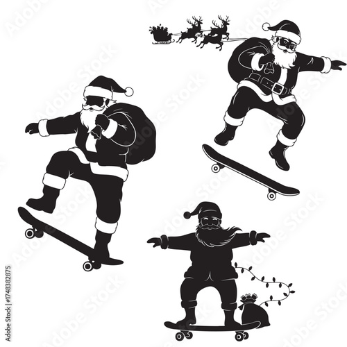 Cool Santa Claus Skateboarding Tricks Silhouette Vector Set