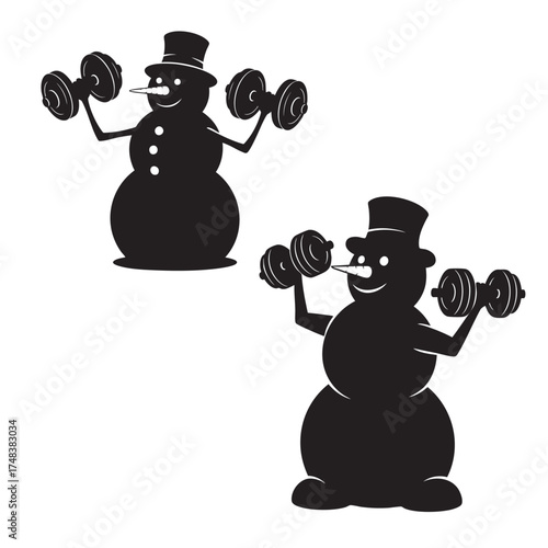 Strong Snowman Lifting Dumbbells Weightlifting Vector Silhouette