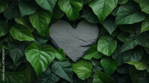 Heart-Shaped Slate Stone Surrounded by Lush Green Leaves in Nature Decoration Concept