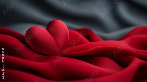 Heart Shape on Smooth Red Fabric Background with Soft Gray Drapery Elegance