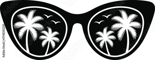 Stylish cat eye sunglasses reflecting palm trees on transparent background silhouette
