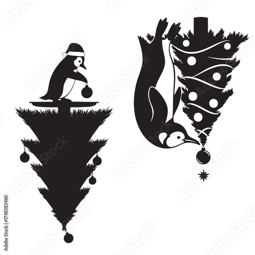Cute Christmas Penguin and Upside Down Tree Silhouette Vector