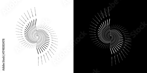 Dynamic abstract spiral sound wave rhythm lines. Circular spiral sound wave rhythm of lines. Circular futuristic abstract lines, black and white background.