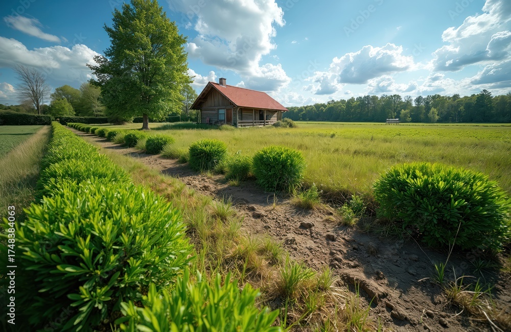 Obraz premium House on green summer farm landscape. Scenic view of nature with grass, trees, bushes and blue sky with clouds. Countryside cabin on green meadow. Rural scene, village architecture on farm