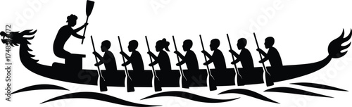 Detailed dragon boat team rowing a striking silhouette on transparent background